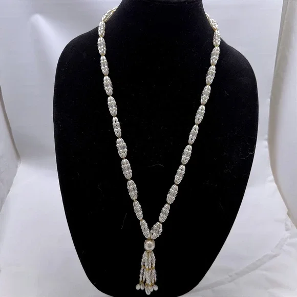 Vintage Faux Pearl and Crystal Beaded Tassel Necklace Opera Length Cream Gold - Picture 1 of 9